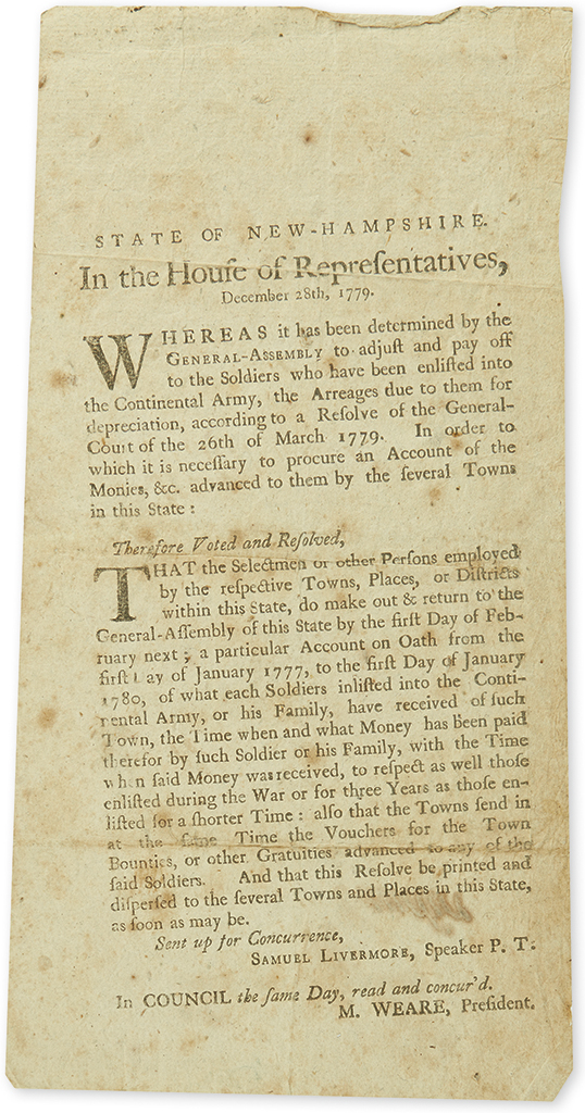 (AMERICAN REVOLUTION--1779.) Broadside regarding the pay of New Hampshire soldiers.